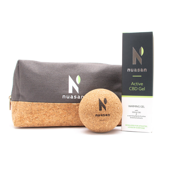 Nuasan Muscle Relief kit with bag, cork ball and active CBD gel